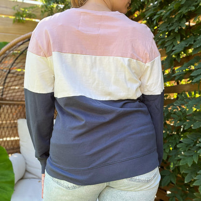 Flower Block Print | Pink / White / Blue Striped Sweatshirt | Medium