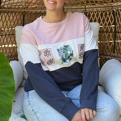 Flower Block Print | Pink / White / Blue Striped Sweatshirt | Medium