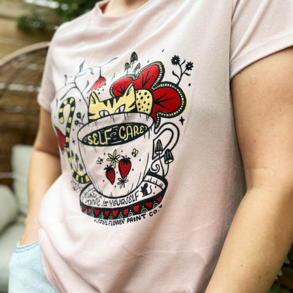 Self Care Cat | Pink Velvety Tee | Large