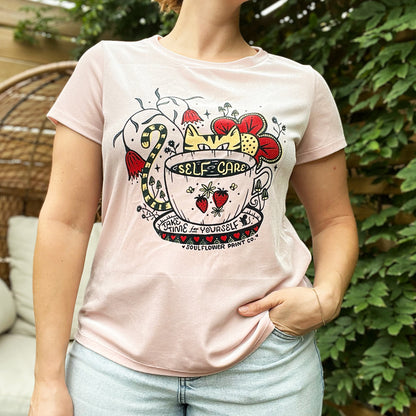 Self Care Cat | Pink Velvety Tee | Large