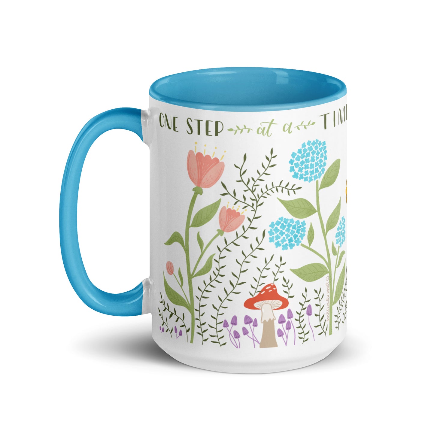 Ceramic Mug with Blue Accent | One Step at a Time | Dreamy Botanical Collection