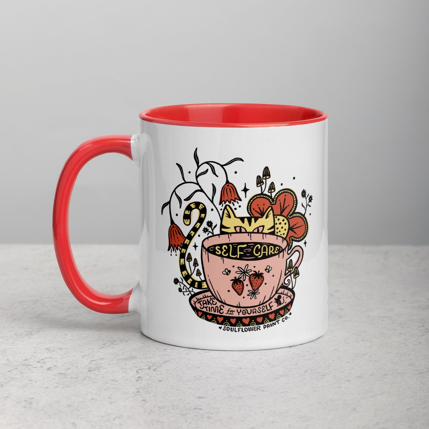 Ceramic Mug with Accent Color | Self Care Cat