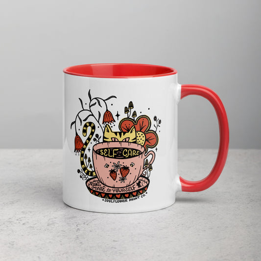 Ceramic Mug with Accent Color | Self Care Cat