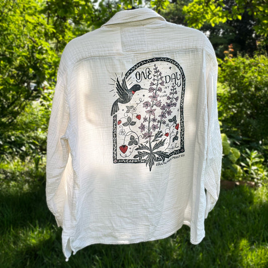 One Day at a Time | July Birth Flower | White Button Up Shirt | Large