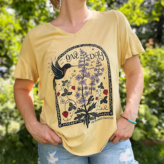 One Day at a Time | July Birth Flower | Yellow V-Neck Tee | XL