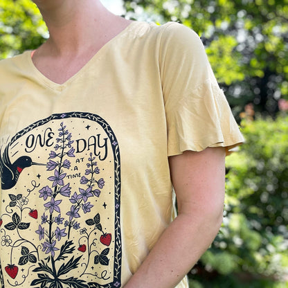 One Day at a Time | July Birth Flower | Yellow V-Neck Tee | XL